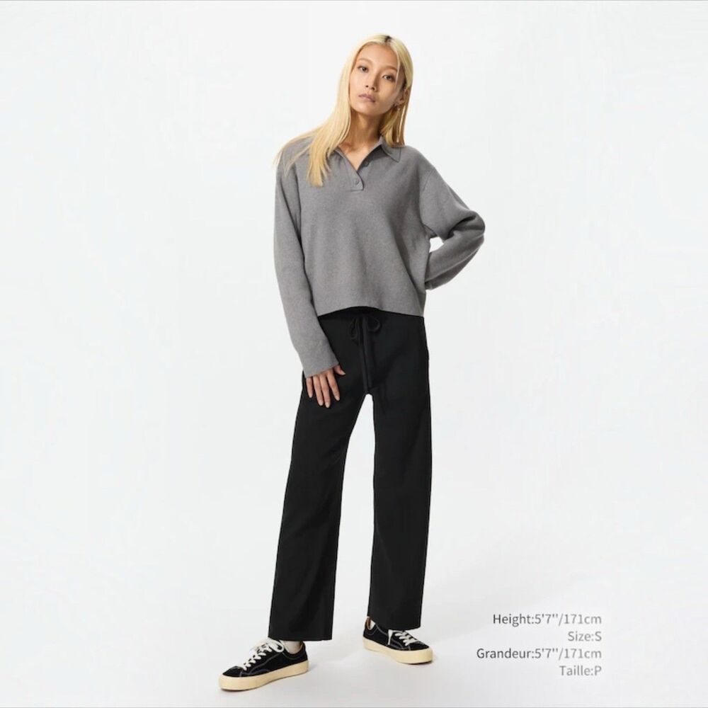 UNIQLO Washable Knit Ribbed Culotte Pants Women XL Black Wide Leg 473802